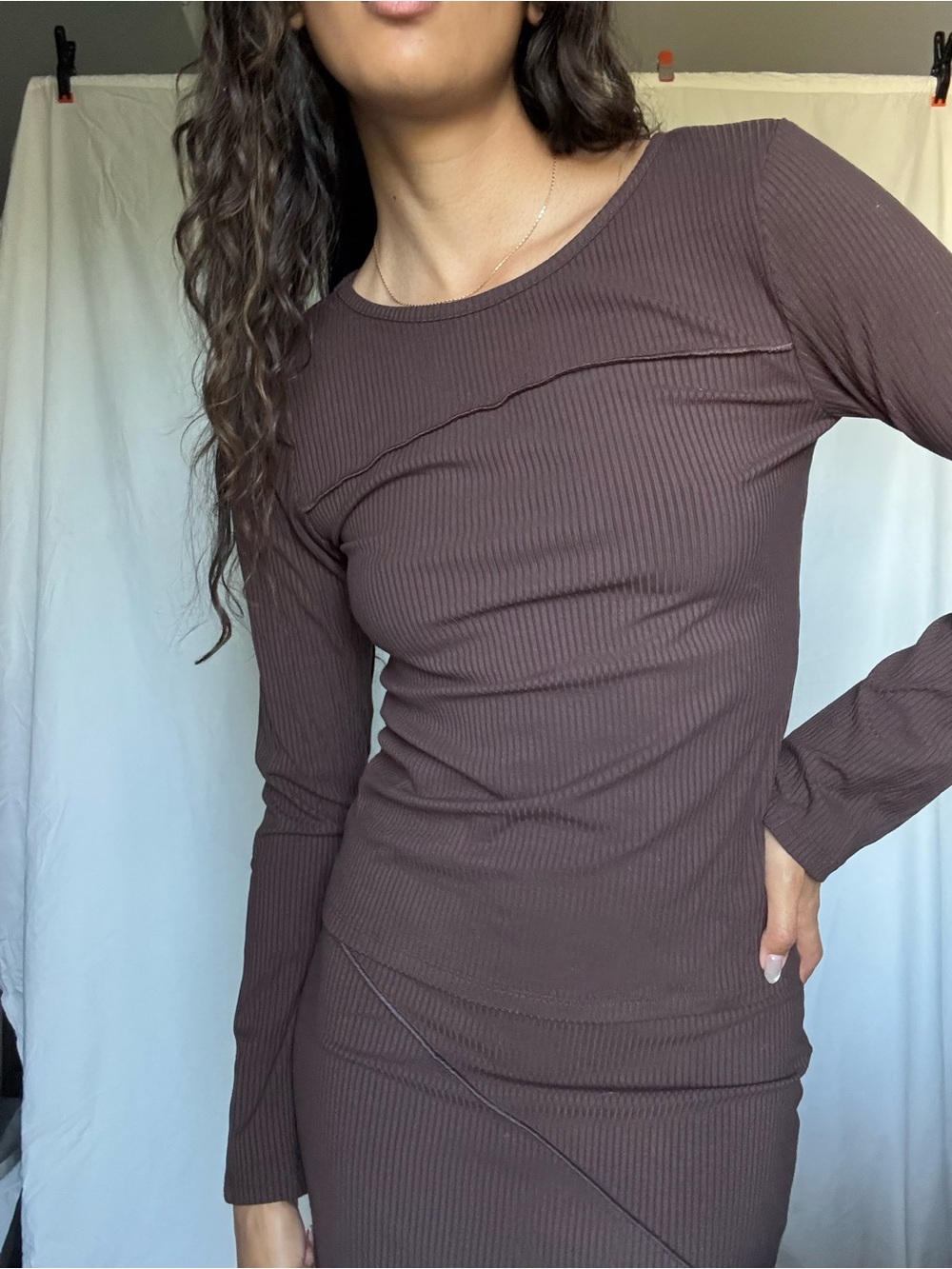 A Bronze Age Axis Long Sleeve Ribbed Top — Chocolate Brown
